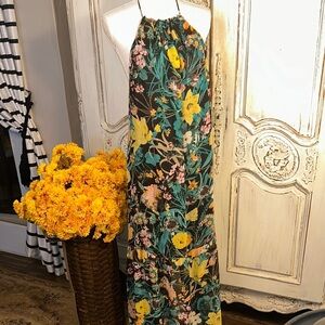 ZARA Floral Halter Maxi Dress Deep Cut Halter Back Made in Spain